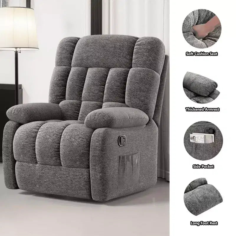 MAYEERTY Ergonomic Recliner Chair 110-160x Adjustable Recline Footrest Side Pocket for Living Room Gray