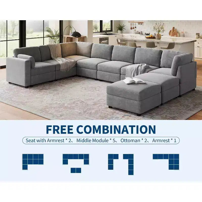 GustoWave L-Shaped Modular Sectional Sofa, Oversized 9 Seat Couch with 2 Storage Ottoman, Modern Deep Seat Comfy Chenille Sleeper Sofa
