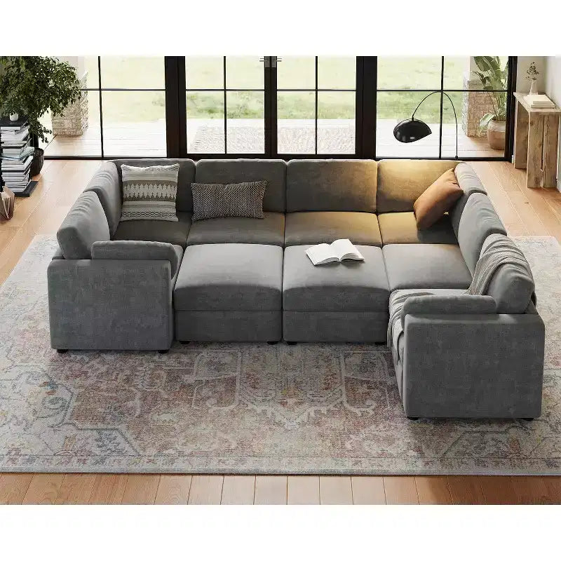 GustoWave L-Shaped Modular Sectional Sofa, Oversized 9 Seat Couch with 2 Storage Ottoman, Modern Deep Seat Comfy Chenille Sleeper Sofa