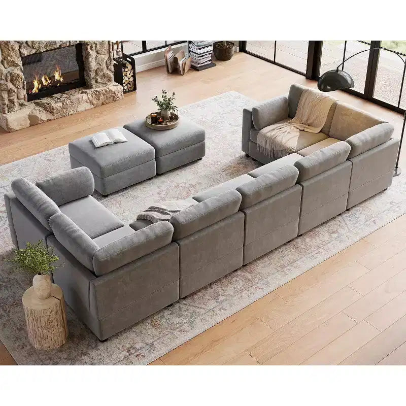 GustoWave L-Shaped Modular Sectional Sofa, Oversized 9 Seat Couch with 2 Storage Ottoman, Modern Deep Seat Comfy Chenille Sleeper Sofa