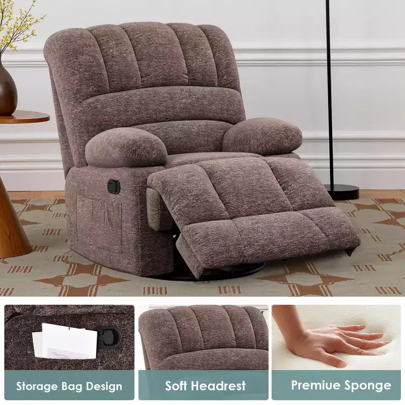 MAYEERTY Brown Oversized Swivel Rocker Recliner Chair For Adults Living Room