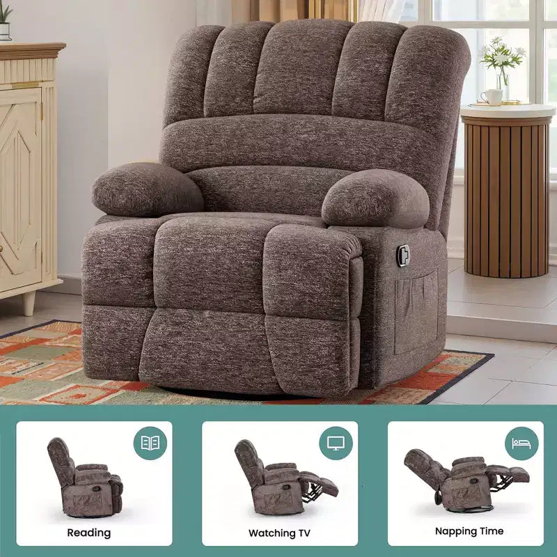 MAYEERTY Brown Oversized Swivel Rocker Recliner Chair For Adults Living Room