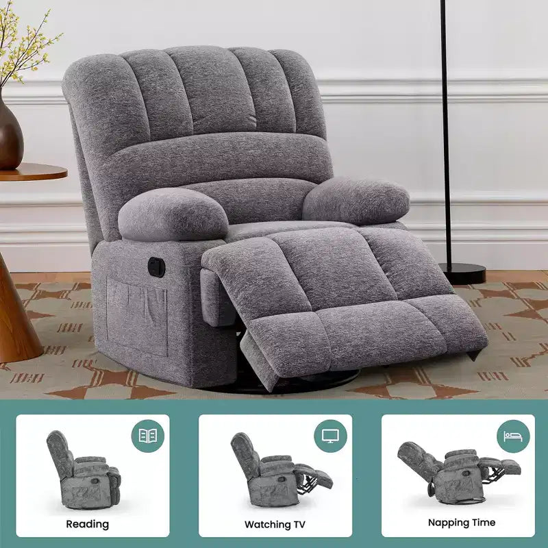 MAYEERTY Dark Gray Oversized Swivel Rocker Recliner Chair For Adults Living Room