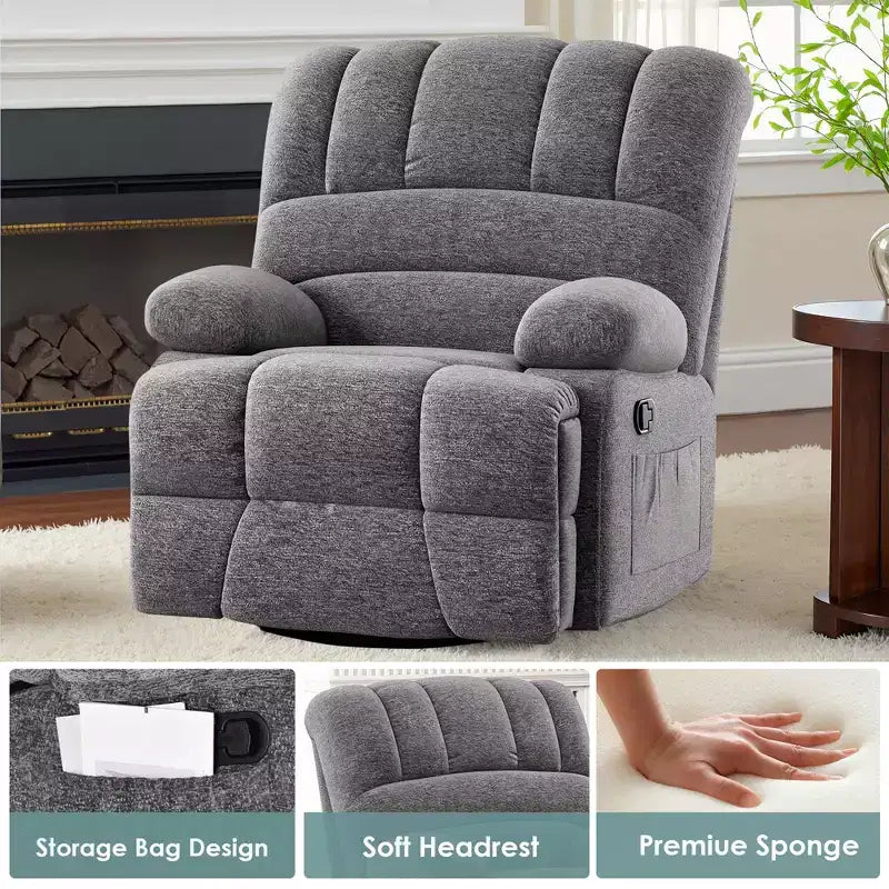 MAYEERTY Dark Gray Oversized Swivel Rocker Recliner Chair For Adults Living Room