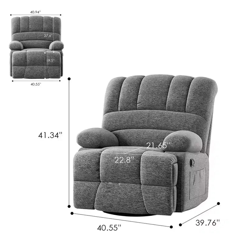 MAYEERTY Dark Gray Oversized Swivel Rocker Recliner Chair For Adults Living Room