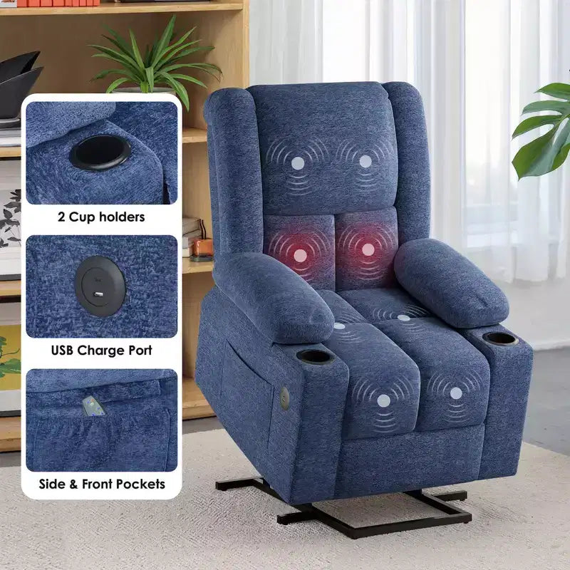 MAYEERTY Blue Power Lift Recliner Chair With Massage Heat USB Ports Cup Holders for Senior Comfort