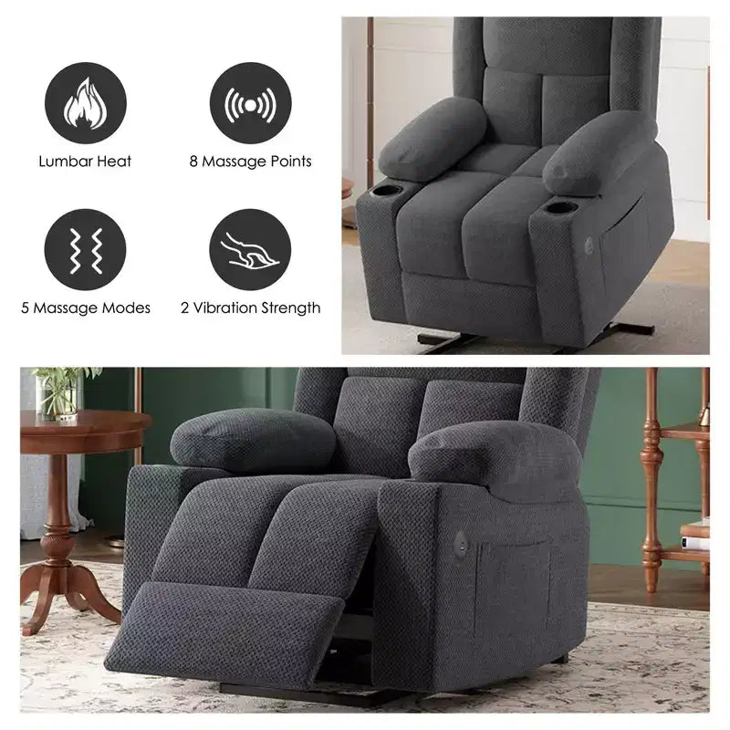 MAYEERTY Gray Power Lift Recliner Chair With Massage Heat USB Ports Cup Holders for Senior Comfort
