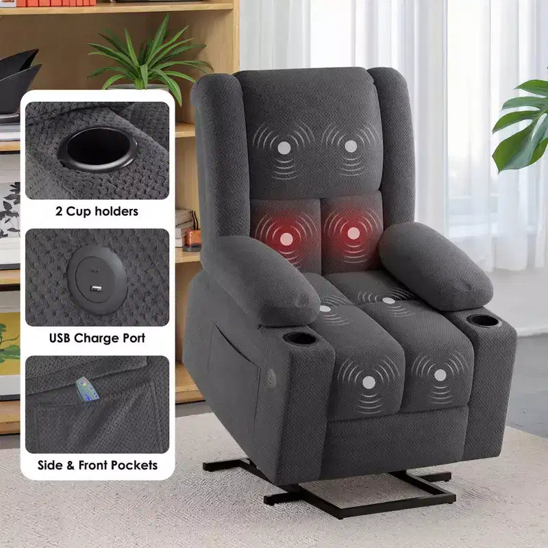 MAYEERTY Gray Power Lift Recliner Chair With Massage Heat USB Ports Cup Holders for Senior Comfort