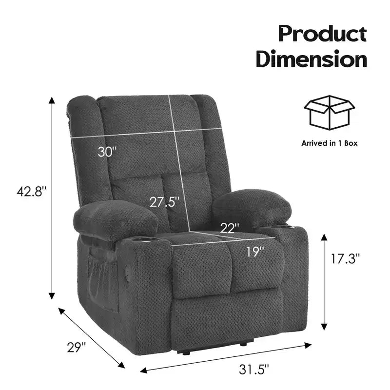 MAYEERTY Gray Power Lift Recliner Chair With Massage Heat USB Ports Cup Holders for Senior Comfort