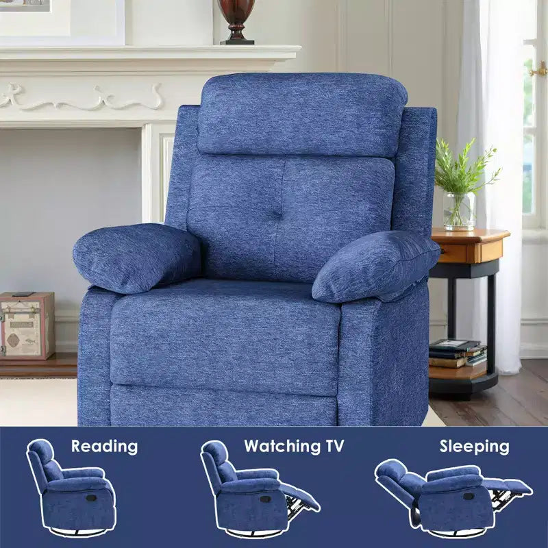 MAYEERTY Blue Small Swivel Rocker Recliner Space Saving Design for Women Fits Bedroom Living Room