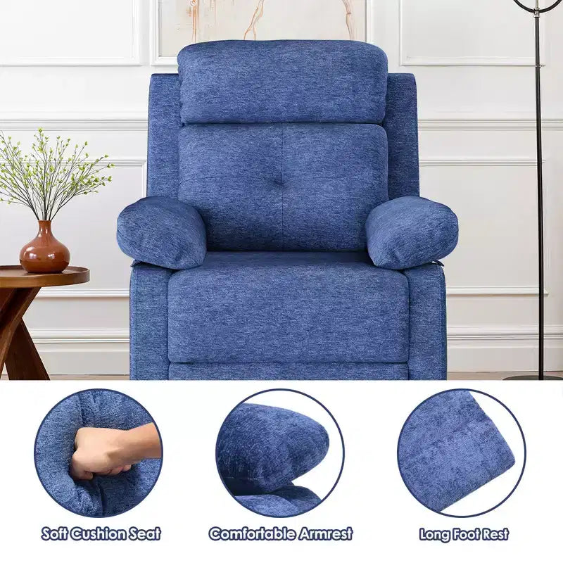 MAYEERTY Blue Small Swivel Rocker Recliner Space Saving Design for Women Fits Bedroom Living Room