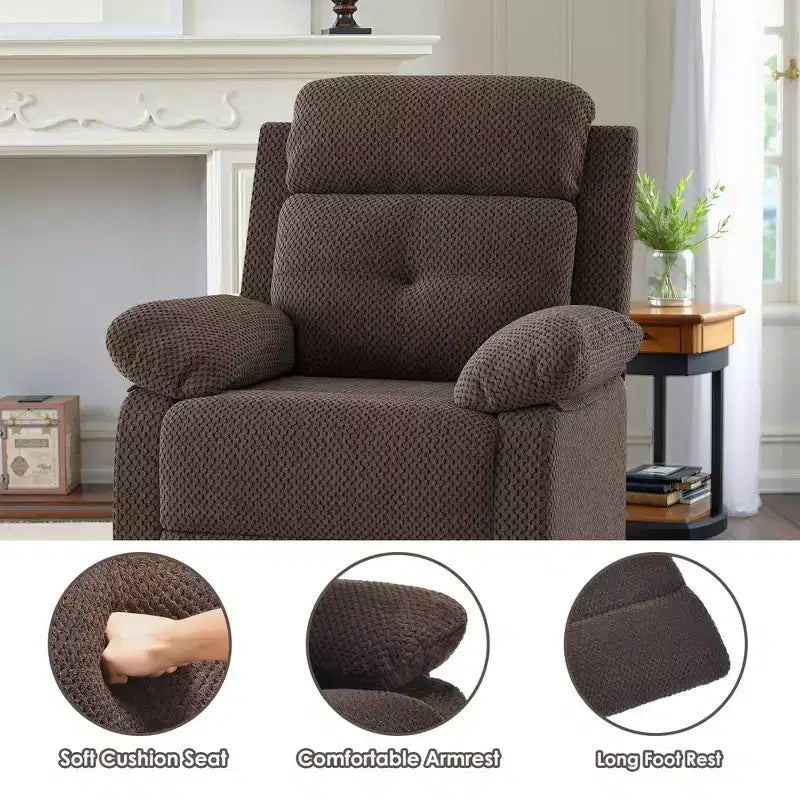 MAYEERTY Chocolate Small Swivel Rocker Recliner Space Saving Design for Women Fits Bedroom Living Room