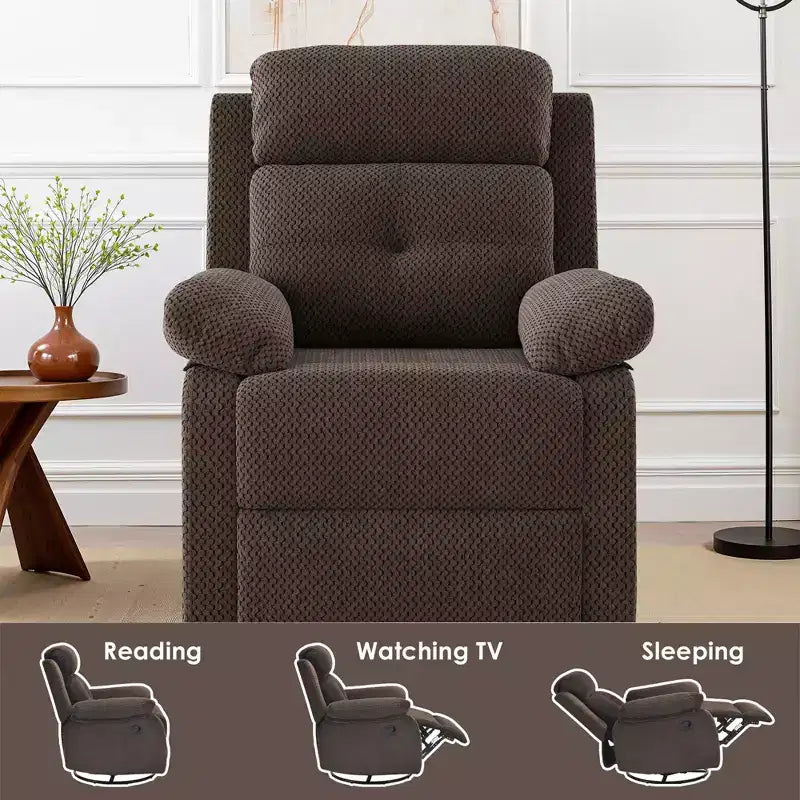 MAYEERTY Chocolate Small Swivel Rocker Recliner Space Saving Design for Women Fits Bedroom Living Room