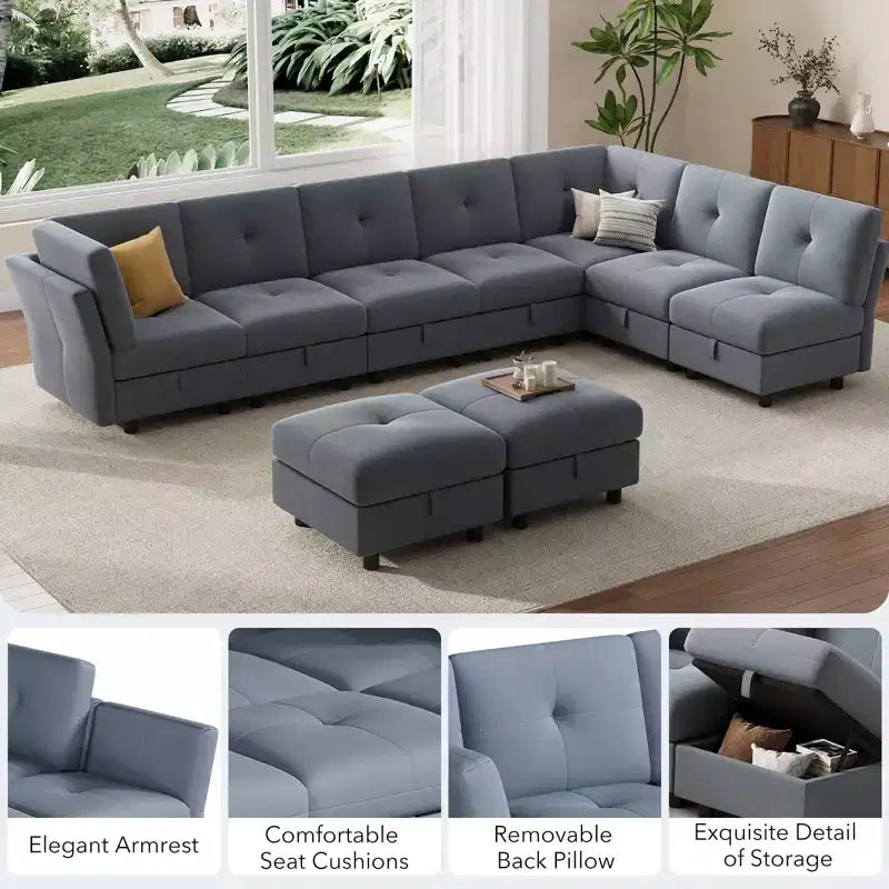 GustoWave 9-Seat Modular Sectional Sofa, Deep Seat Cloud Couch with Reversible Chaise, Chenille L Shaped Couch with Storage