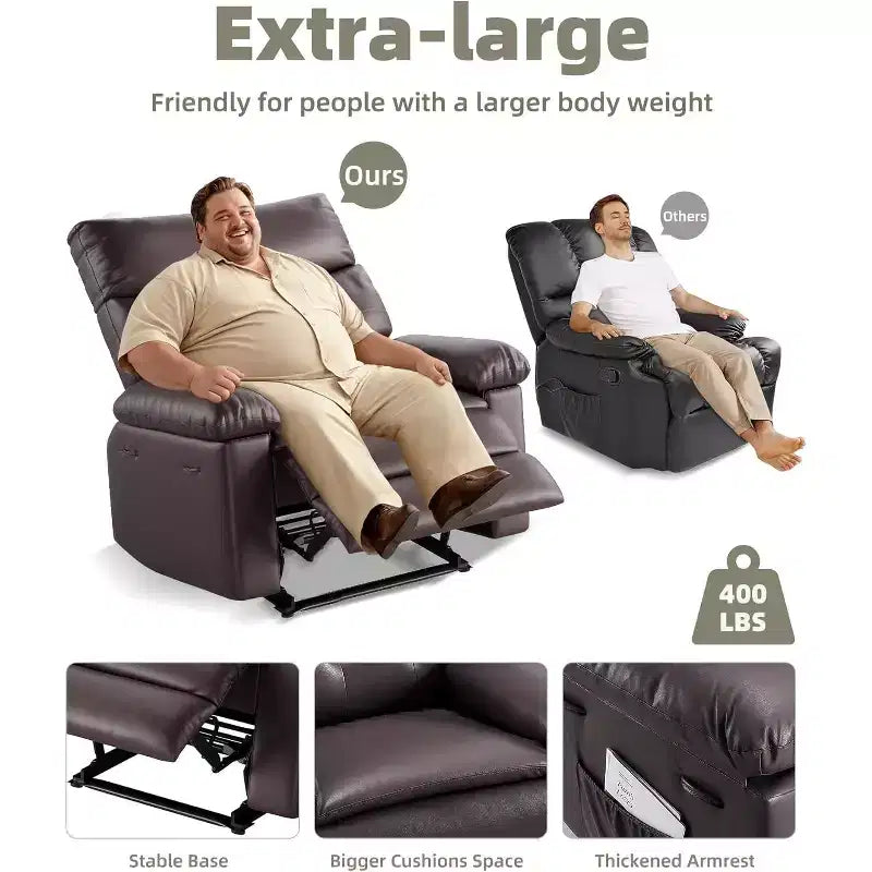 Oversized Leather Recliner Chair, Extra Wide Manual Recliner, Lazy Chair with 1.5X Sponge Comfort Arm and Back for Living Room, Bedroom