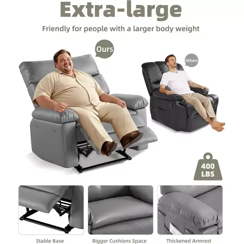 Oversized Leather Recliner Chair, Extra Wide Manual Recliner, Lazy Chair with 1.5X Sponge Comfort Arm and Back for Living Room, Bedroom