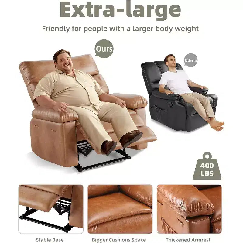 Oversized Leather Recliner Chair, Extra Wide Manual Recliner, Lazy Chair with 1.5X Sponge Comfort Arm and Back for Living Room, Bedroom