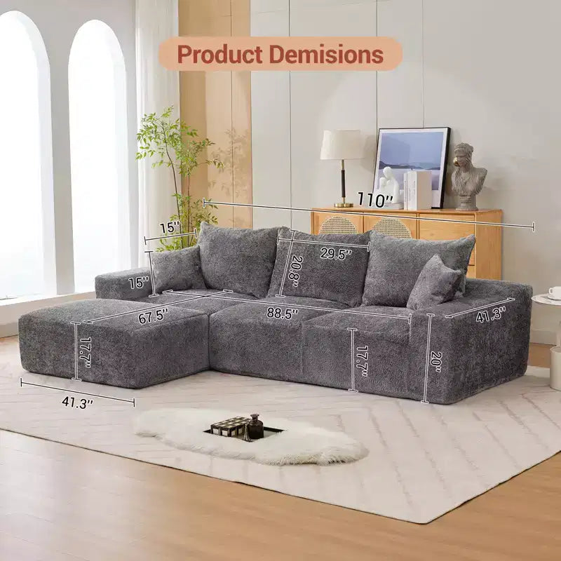 110'' Modular Sectional Sofa  L-Shaped Cloud Couch with Chaise, Deep Seat Chenille Sofa, No Assembly