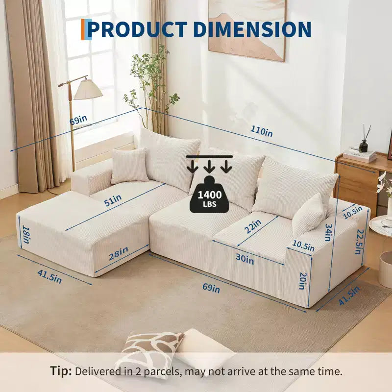 110'' Modular Sectional Sofa  L-Shaped Cloud Couch with Chaise, Deep Seat Chenille Sofa, No Assembly