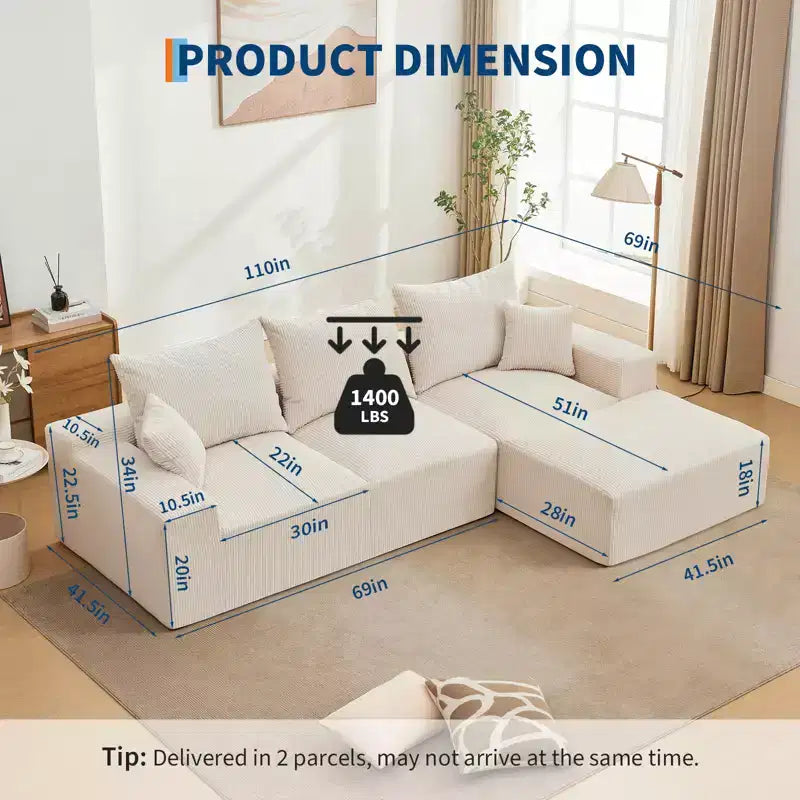 110'' Modular Sectional Sofa  L-Shaped Cloud Couch with Chaise, Deep Seat Chenille Sofa, No Assembly