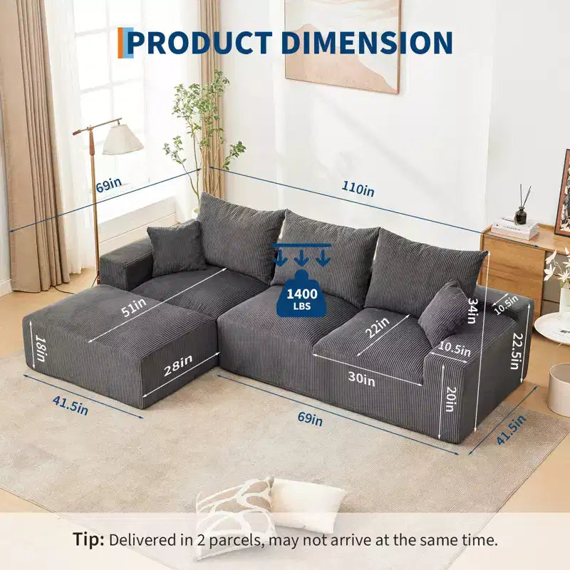 110'' Modular Sectional Sofa  L-Shaped Cloud Couch with Chaise, Deep Seat Chenille Sofa, No Assembly