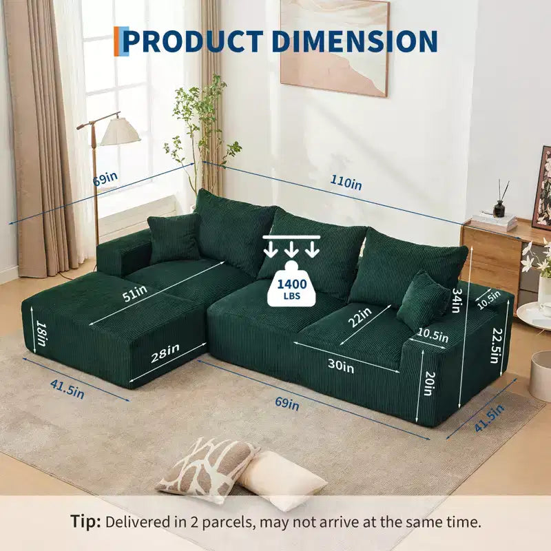 110'' Modular Sectional Sofa  L-Shaped Cloud Couch with Chaise, Deep Seat Chenille Sofa, No Assembly
