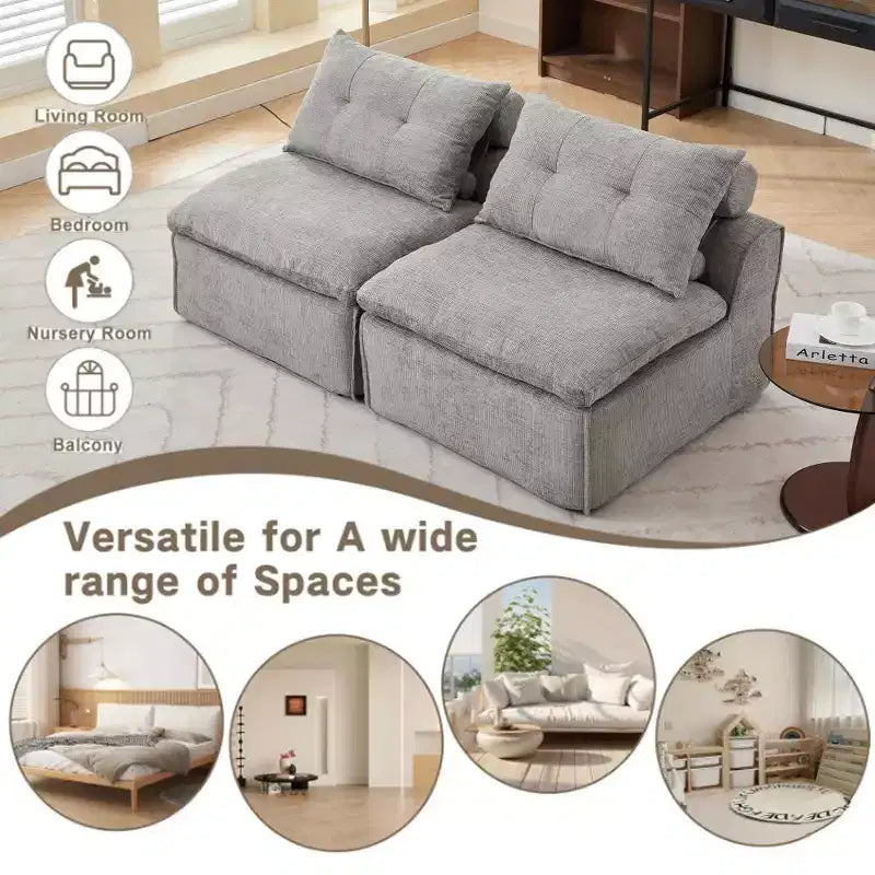 Zeus & Ruta Chenille Armrest-Free Upholstered 2-Seat Lounge Sofa Chair with Neck and Lumbar Pillows