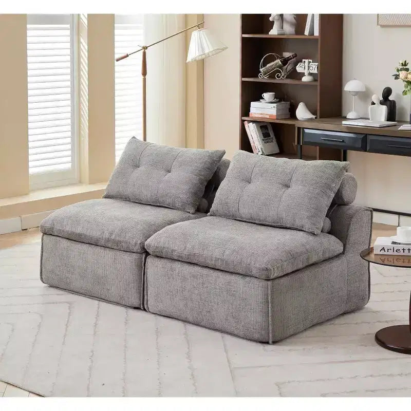 Zeus & Ruta Chenille Armrest-Free Upholstered 2-Seat Lounge Sofa Chair with Neck and Lumbar Pillows