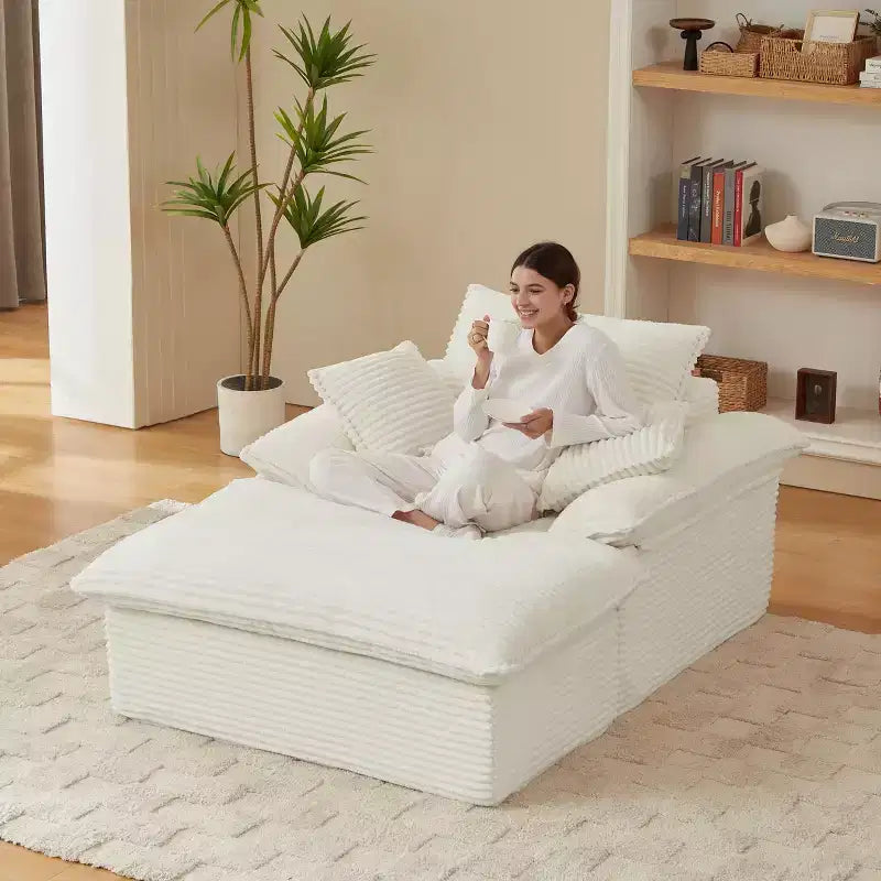 Pexfix 55 In. W Modern Cushioned Corduroy Single Seat Sofa With Pillows and Footrest Lounge Chair for Living Room Bedroom Apartment Office White