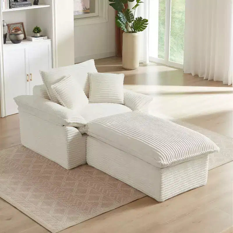 Pexfix 55 In. W Modern Cushioned Corduroy Single Seat Sofa With Pillows and Footrest Lounge Chair for Living Room Bedroom Apartment Office White