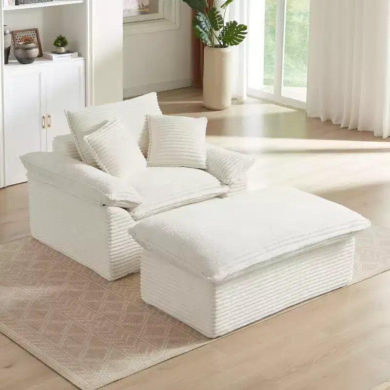 Pexfix 55 In. W Modern Cushioned Corduroy Single Seat Sofa With Pillows and Footrest Lounge Chair for Living Room Bedroom Apartment Office White