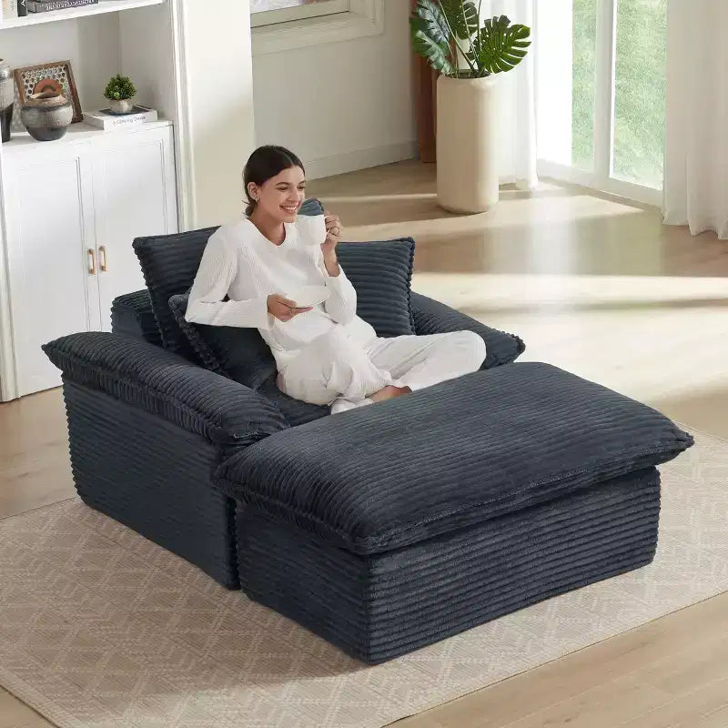 Pexfix 55 In. W Modern Cushioned Corduroy Single Seat Sofa With Pillows and Footrest Lounge Chair for Living Room Bedroom Apartment Office Dark Gray