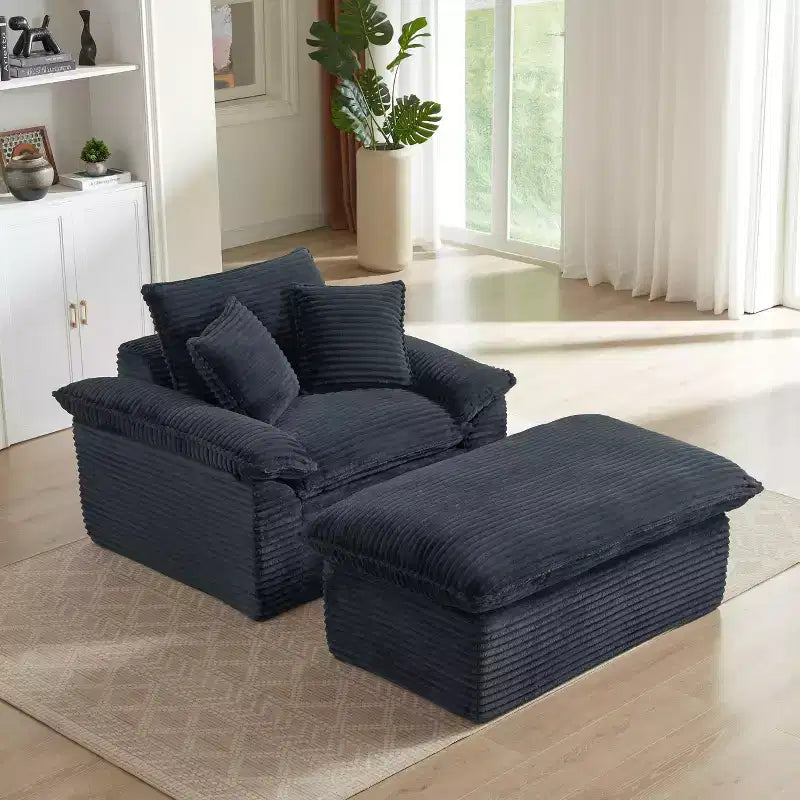 Pexfix 55 In. W Modern Cushioned Corduroy Single Seat Sofa With Pillows and Footrest Lounge Chair for Living Room Bedroom Apartment Office Dark Gray