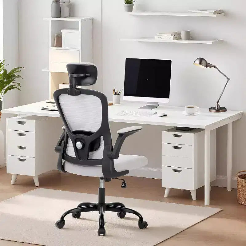 Ergonomic High-Gray Office Chair with Adjustable Headrest & Lumbar Support - Flip-Up Armrest, Rolling Mesh Chair for Home Office, Study, Bedroom