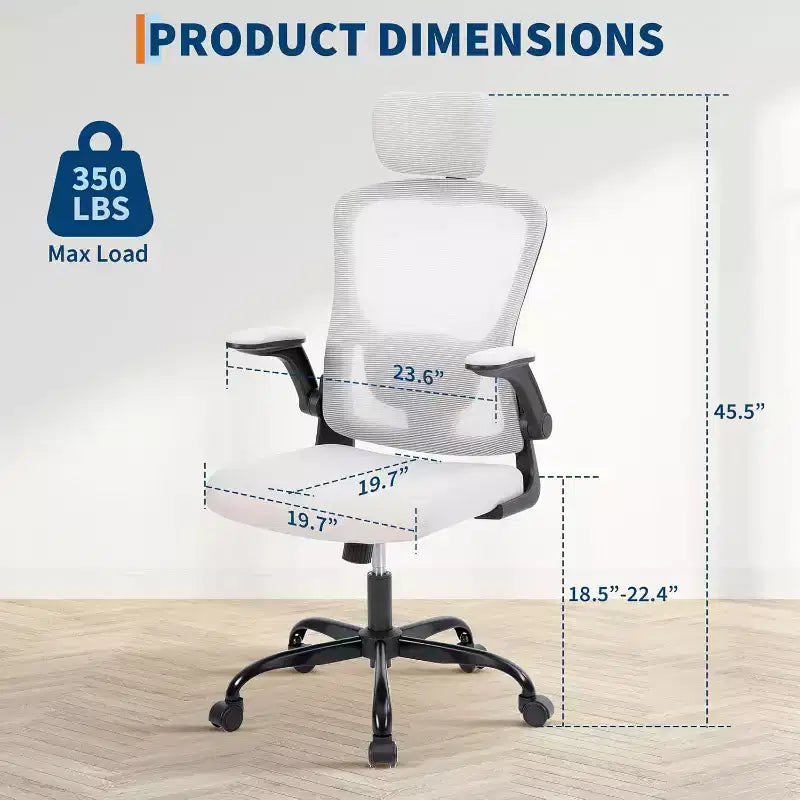 Ergonomic High-Gray Office Chair with Adjustable Headrest & Lumbar Support - Flip-Up Armrest, Rolling Mesh Chair for Home Office, Study, Bedroom
