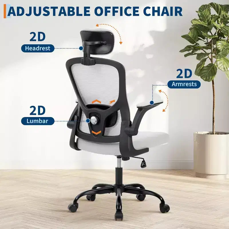 Ergonomic High-Gray Office Chair with Adjustable Headrest & Lumbar Support - Flip-Up Armrest, Rolling Mesh Chair for Home Office, Study, Bedroom