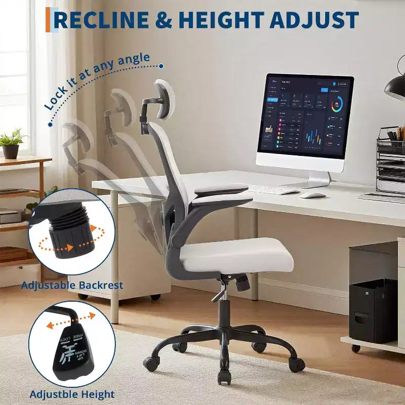 Ergonomic High-Gray Office Chair with Adjustable Headrest & Lumbar Support - Flip-Up Armrest, Rolling Mesh Chair for Home Office, Study, Bedroom