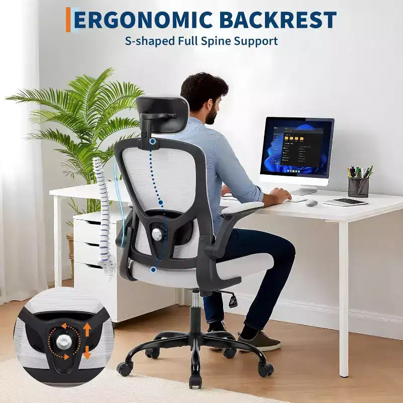 Ergonomic High-Gray Office Chair with Adjustable Headrest & Lumbar Support - Flip-Up Armrest, Rolling Mesh Chair for Home Office, Study, Bedroom