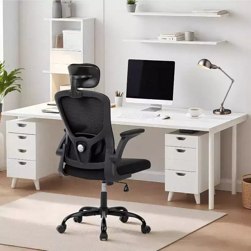 Ergonomic High-Gray Office Chair with Adjustable Headrest & Lumbar Support - Flip-Up Armrest, Rolling Mesh Chair for Home Office, Study, Bedroom