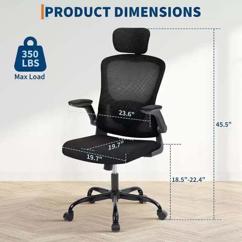 Ergonomic High-Gray Office Chair with Adjustable Headrest & Lumbar Support - Flip-Up Armrest, Rolling Mesh Chair for Home Office, Study, Bedroom