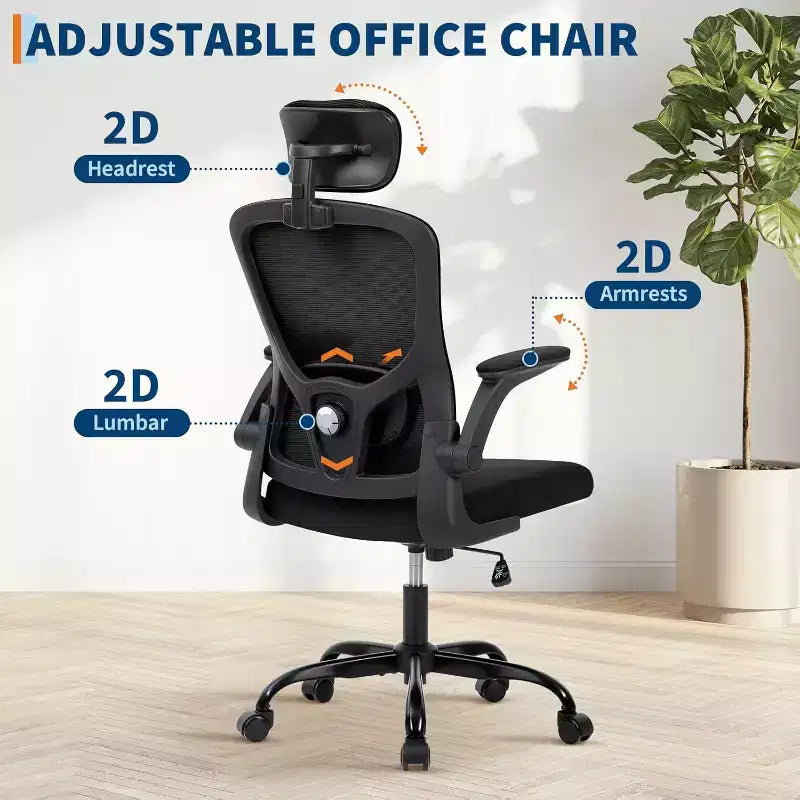 Ergonomic High-Gray Office Chair with Adjustable Headrest & Lumbar Support - Flip-Up Armrest, Rolling Mesh Chair for Home Office, Study, Bedroom