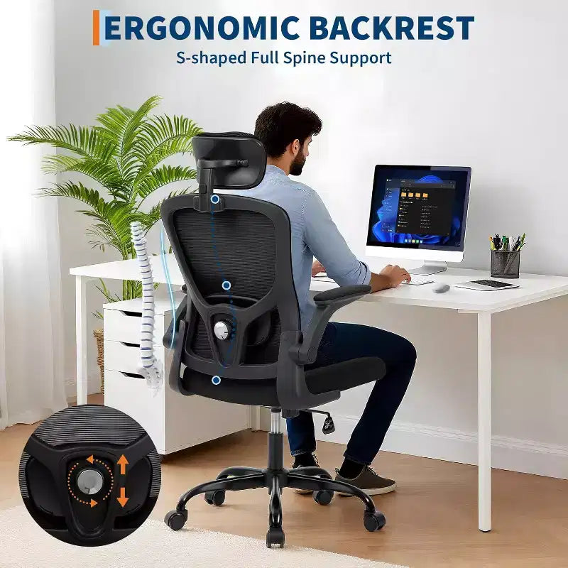 Ergonomic High-Gray Office Chair with Adjustable Headrest & Lumbar Support - Flip-Up Armrest, Rolling Mesh Chair for Home Office, Study, Bedroom