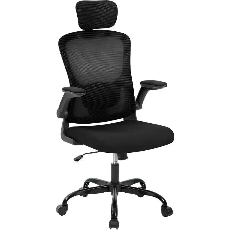 Ergonomic High-Gray Office Chair with Adjustable Headrest & Lumbar Support - Flip-Up Armrest, Rolling Mesh Chair for Home Office, Study, Bedroom