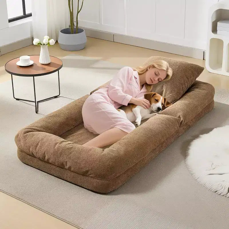 Human Dog Bed for Adult, Comfy Lazy Sofa Bed with 2 Pillows & 5 Adjustable Position, Chenille Upholstered Lounge Chair for Living Room Bedroom