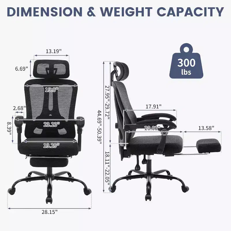 High Back Ergonomic Office Chair with Mesh Back, Retractable Footrest, Adjustable Headrest & Lumbar Support  Computer Desk Chair with Wheels