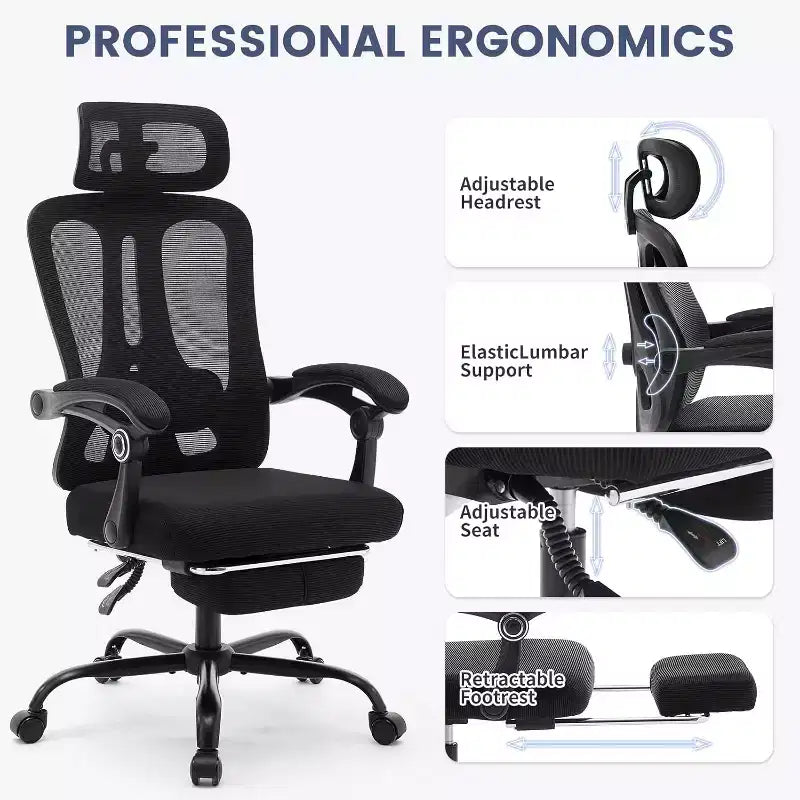 High Back Ergonomic Office Chair with Mesh Back, Retractable Footrest, Adjustable Headrest & Lumbar Support  Computer Desk Chair with Wheels