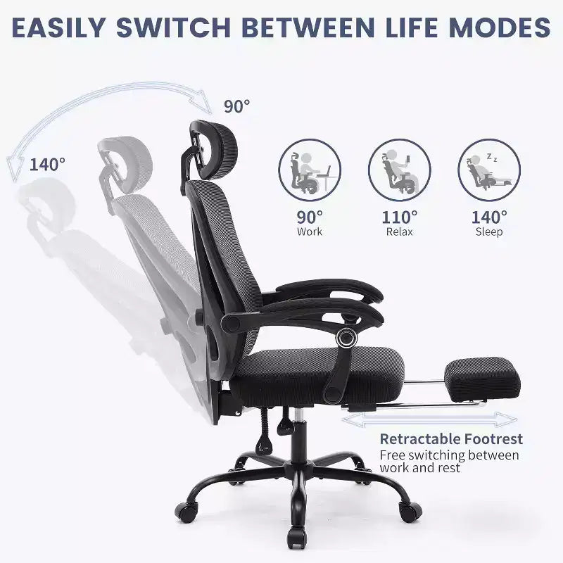 High Back Ergonomic Office Chair with Mesh Back, Retractable Footrest, Adjustable Headrest & Lumbar Support  Computer Desk Chair with Wheels