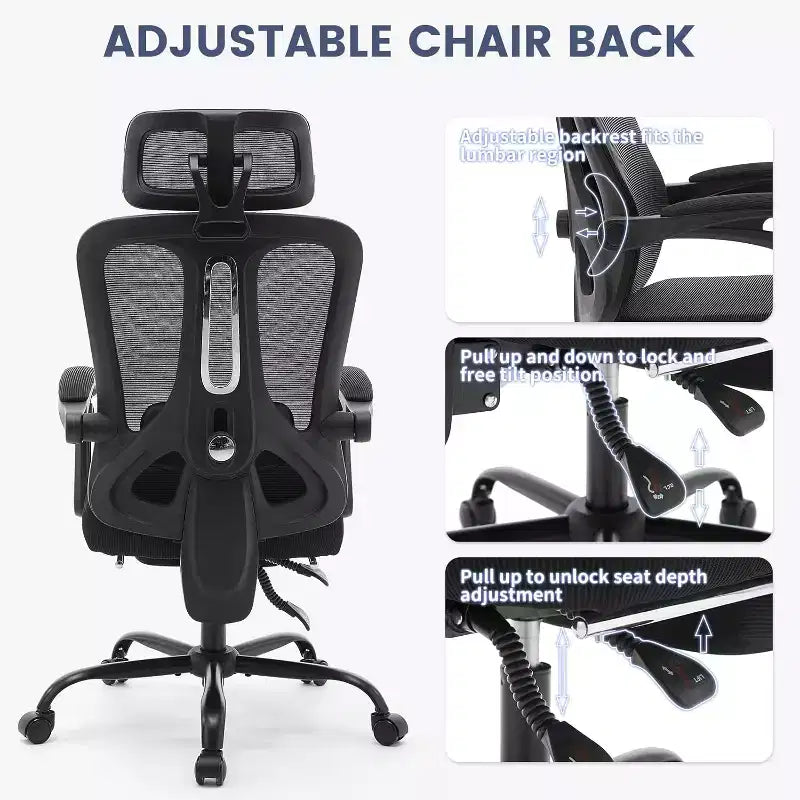 High Back Ergonomic Office Chair with Mesh Back, Retractable Footrest, Adjustable Headrest & Lumbar Support  Computer Desk Chair with Wheels