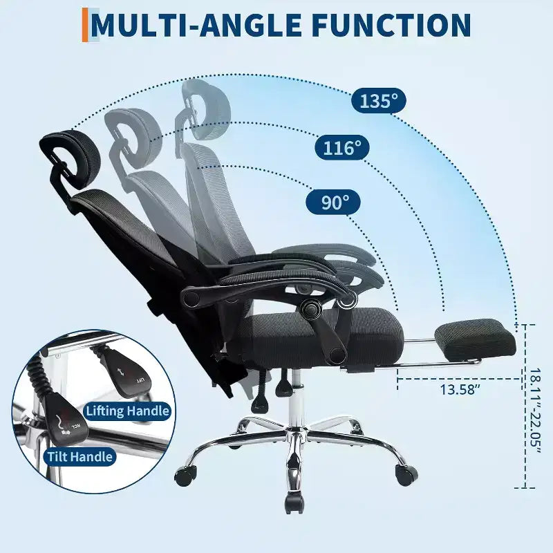 High Back Ergonomic Office Chair with Mesh Back, Retractable Footrest, Adjustable Headrest & Lumbar Support  Computer Desk Chair with Wheels