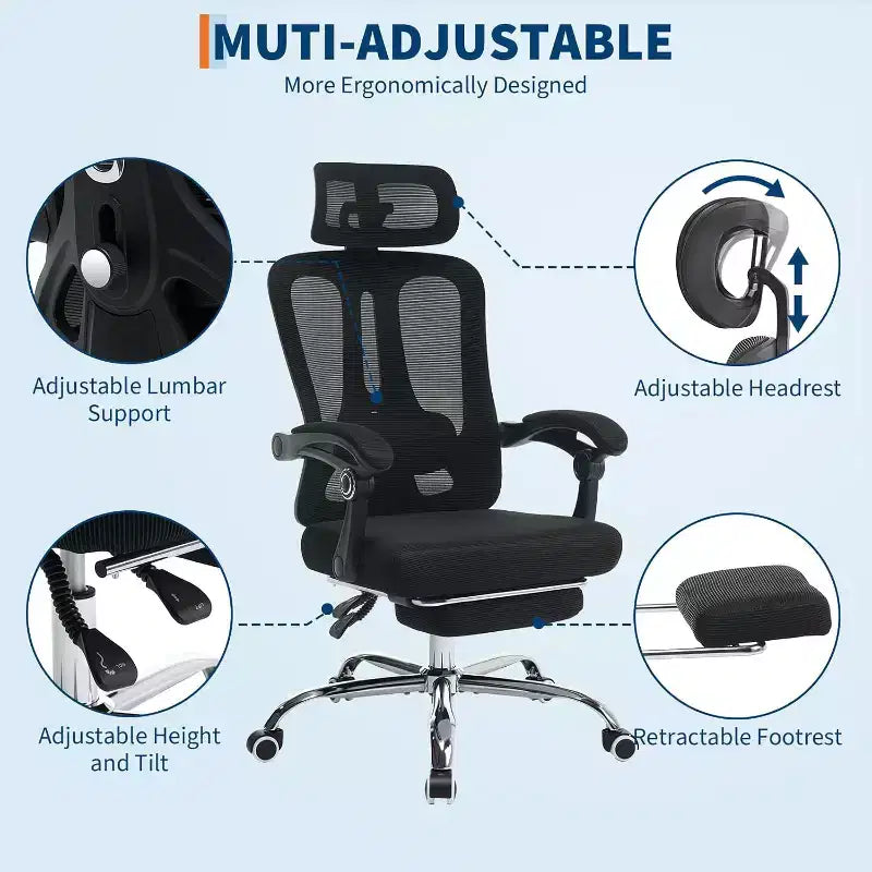High Back Ergonomic Office Chair with Mesh Back, Retractable Footrest, Adjustable Headrest & Lumbar Support  Computer Desk Chair with Wheels